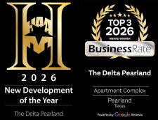 Award badges for The Delta Pearland: New Development of the Year 2026 and Top 3 2026 Apartment Complex in Pearland, Texas.